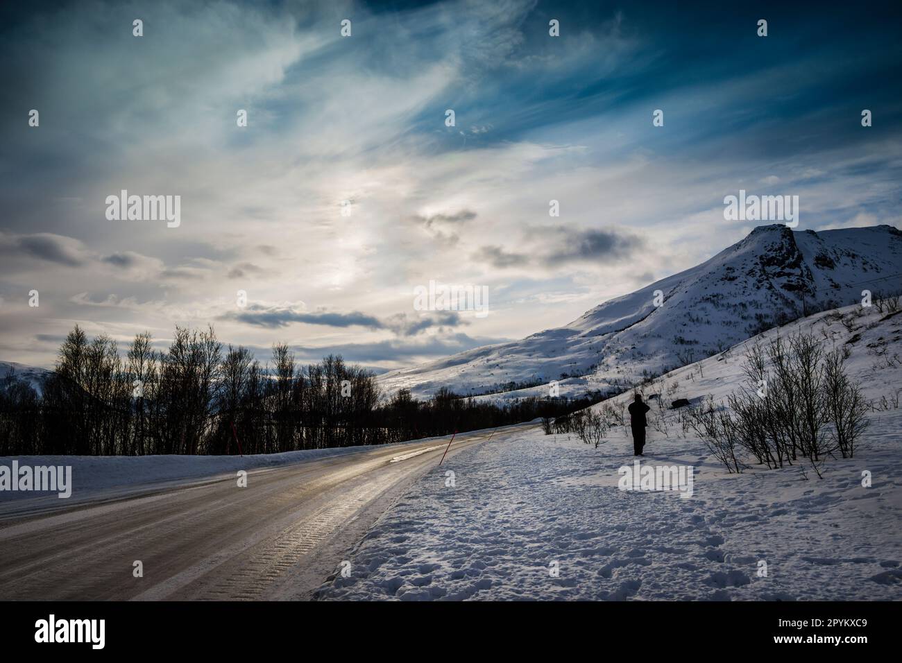 Winter driving conditions Grotfjorden, close to Tromso in arctic Norway. Stock Photo