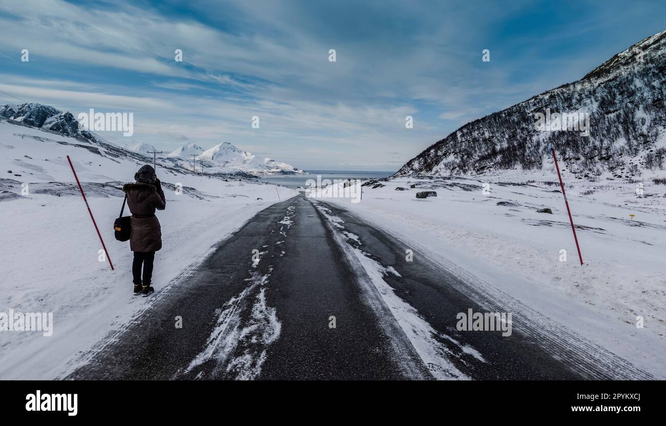 Winter driving conditions Grotfjorden, close to Tromso in arctic Norway. Stock Photo