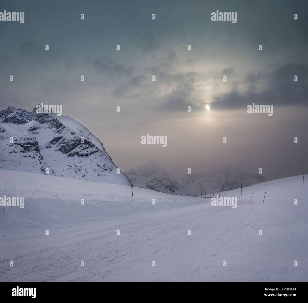 Winter driving conditions Grotfjorden, close to Tromso in arctic Norway. Stock Photo