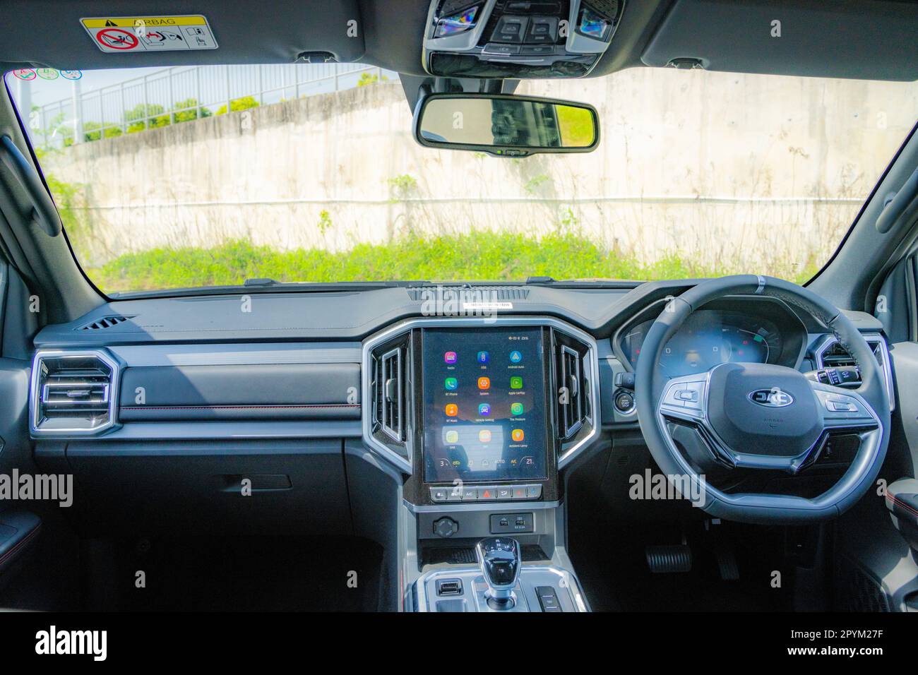 Anhui Province, China – 17042023: Interior of a South African spec right hand drive JAC T9 pickup truck. Stock Photo