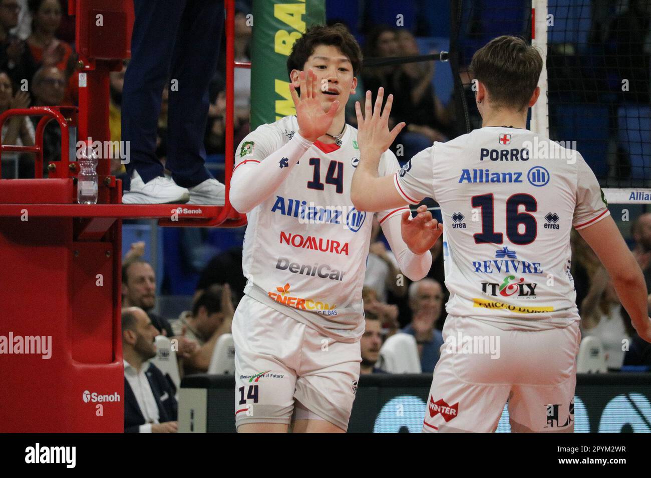 Milan, Italy, May 03, 2023, PAOLO PORRO AND YUKI ISHIKAWA (POWER VOLLEY MILANO) during the Volleyball Italian Serie A Men Superleague Championship 3rd place final