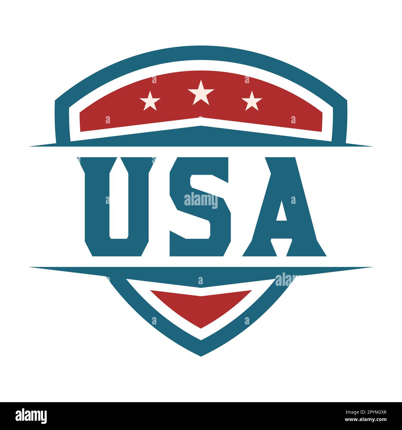 Powerful USA shield logo. American patriotic emblem. Sport team USA flag symbol. Blue, red, white colors graphic elements. Three stars. Vector Stock Vector