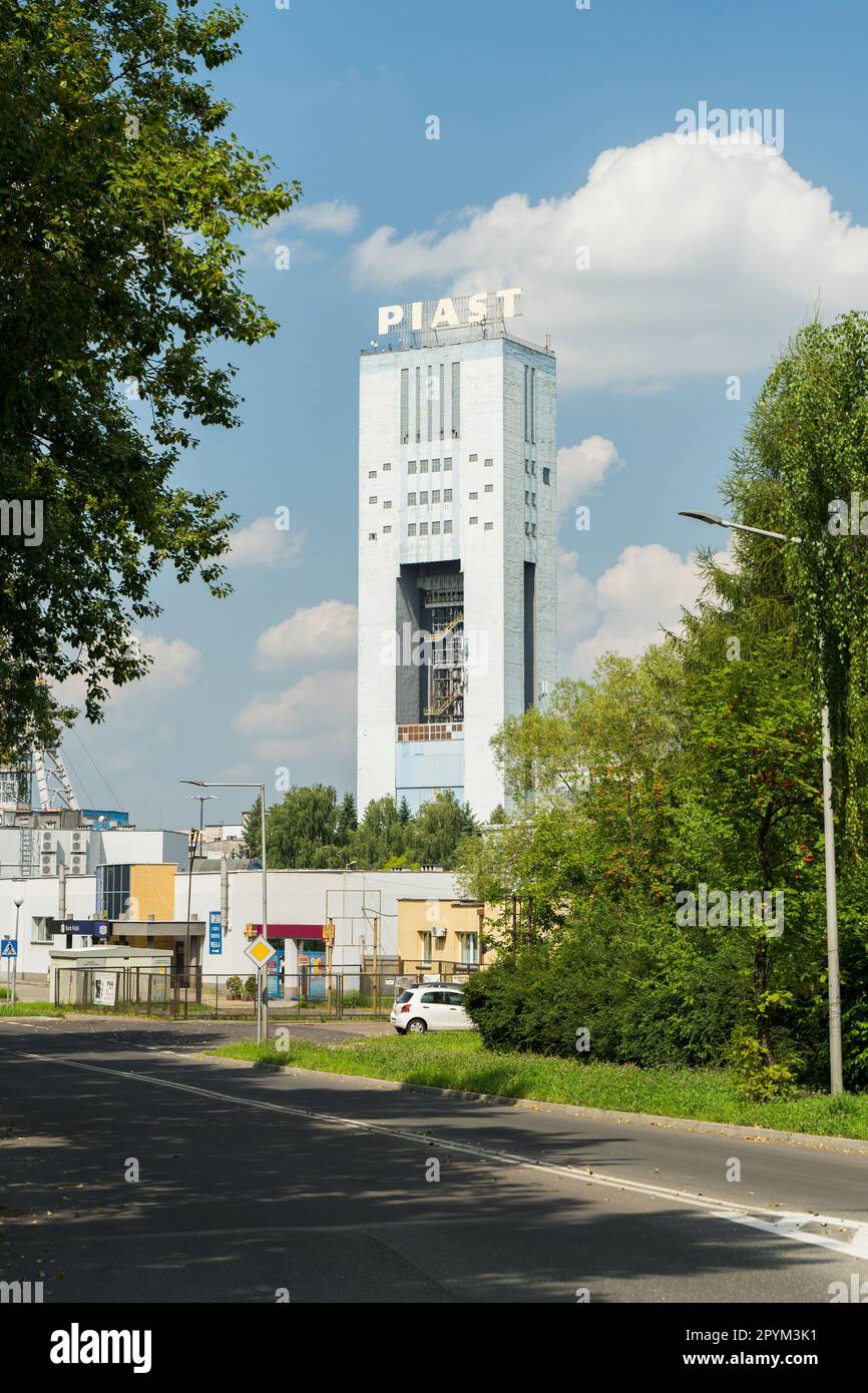A vertical shot of the tower of the Piast Hard Coal Mine in Bierun on a sunny day. (Poland) Stock Photo