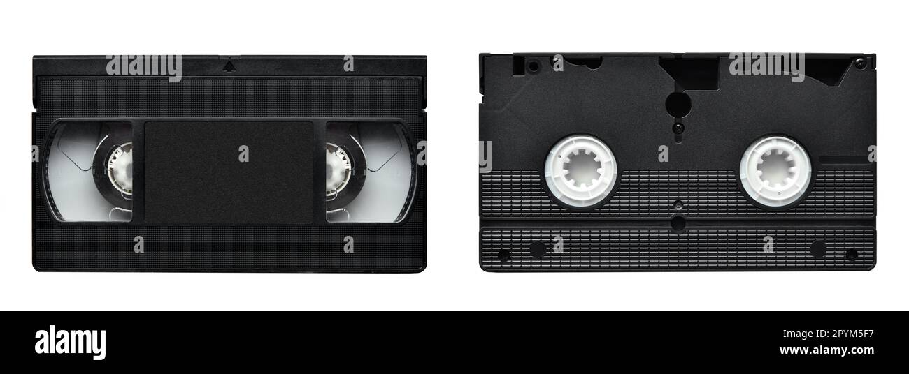 VHS magnetic tape two side view. Analog videocassette film front and ...