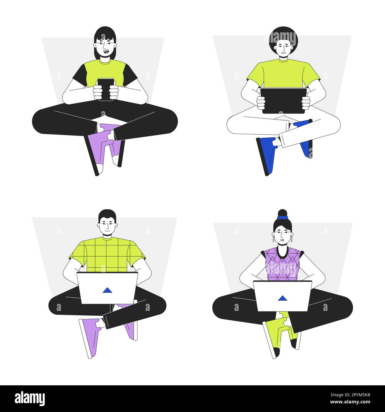 Using gadgets in everyday life flat line vector spot illustration set