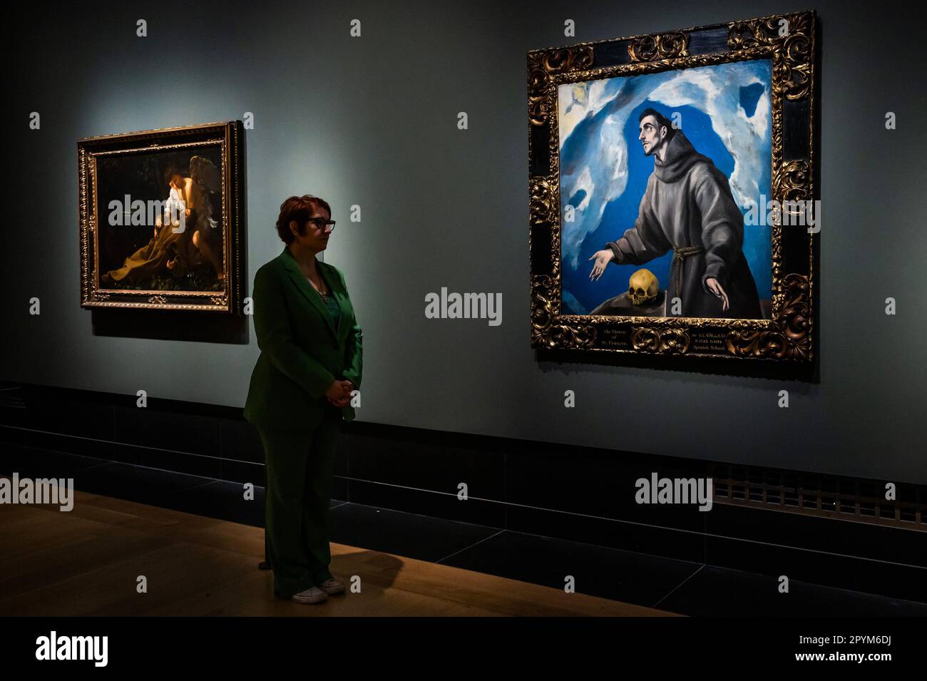 London, UK. 4 May 2023. El Greco, Saint Francis Receiving the Stigmata, 1590-95 with Michelangelo Merisi da Caravaggio, Saint Francis of Assisi in Ecstasy, about 1595 - The first major exhibition in the UK to explore the life and legacy of Saint Francis of Assisi (1181/82-1226) at the National Gallery. It brings together paintings from across the National Gallery's collection including over 40 works from European and American public and private collections, spanning more than seven centuries. They range from medieval painted panels and relic-like objects to manuscripts and a Marvel comic. Cura Stock Photo