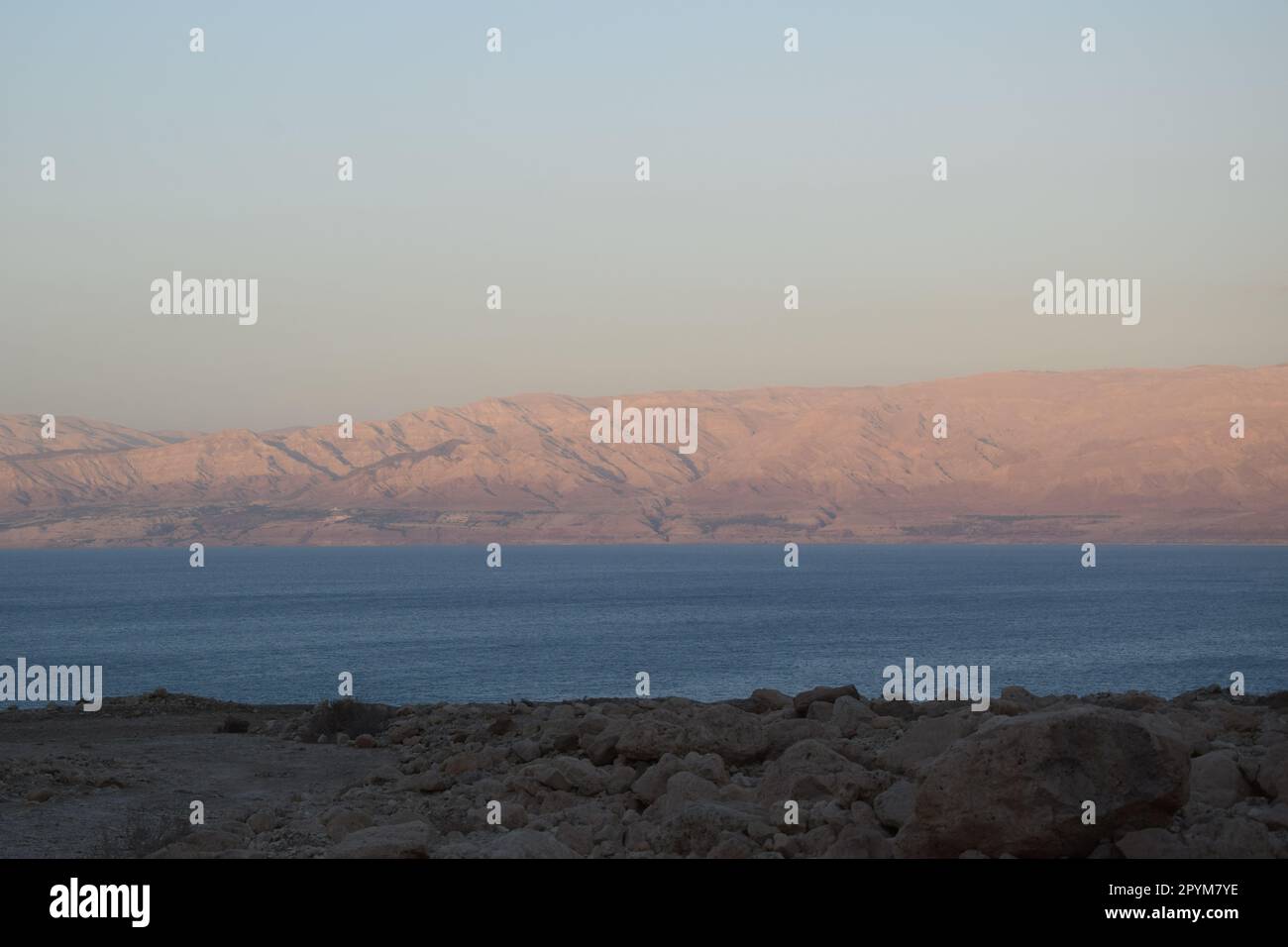 Receding, dried out coastline of the Dead Sea: Driving south on route ...