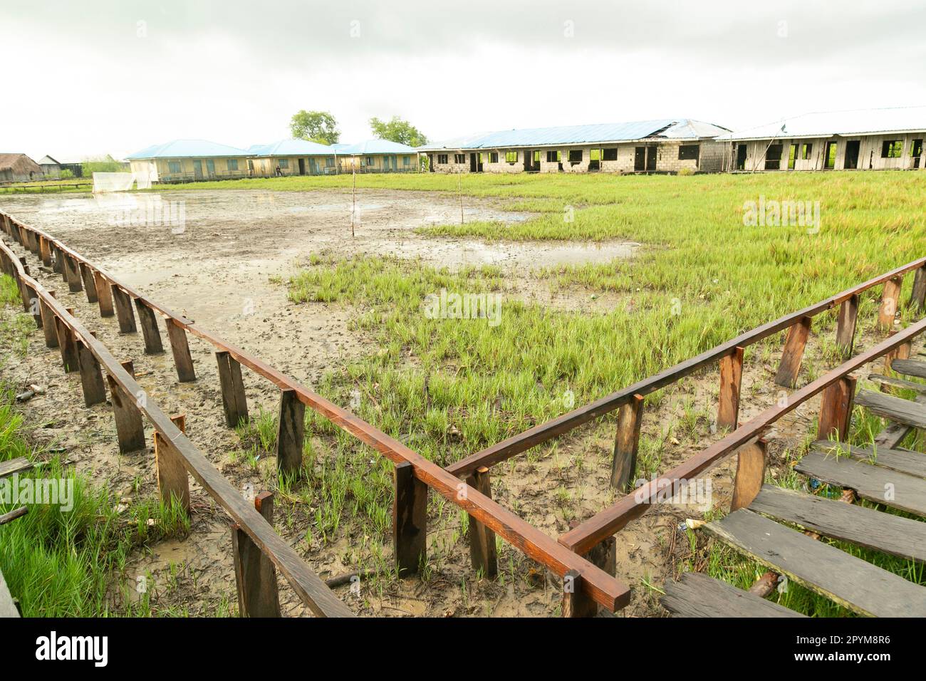 Ondo State, Nigeria - May 2nd, 2023 - Polluted school building environment in Abereke riverine community of Ilaje, Ondo State. Stock Photo