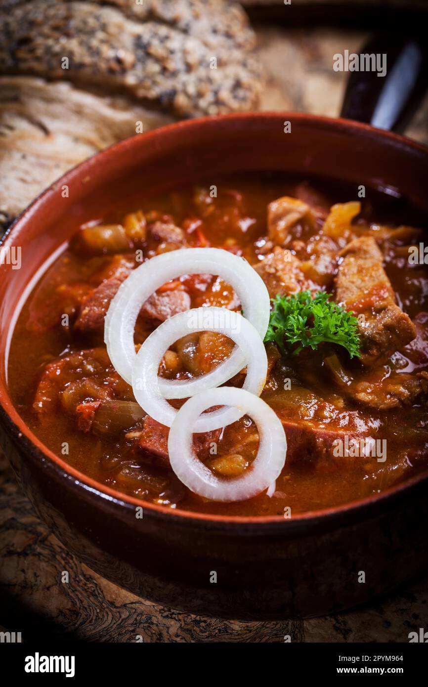 Hearty goulash soup - traditional Hungarian cuisine Stock Photo