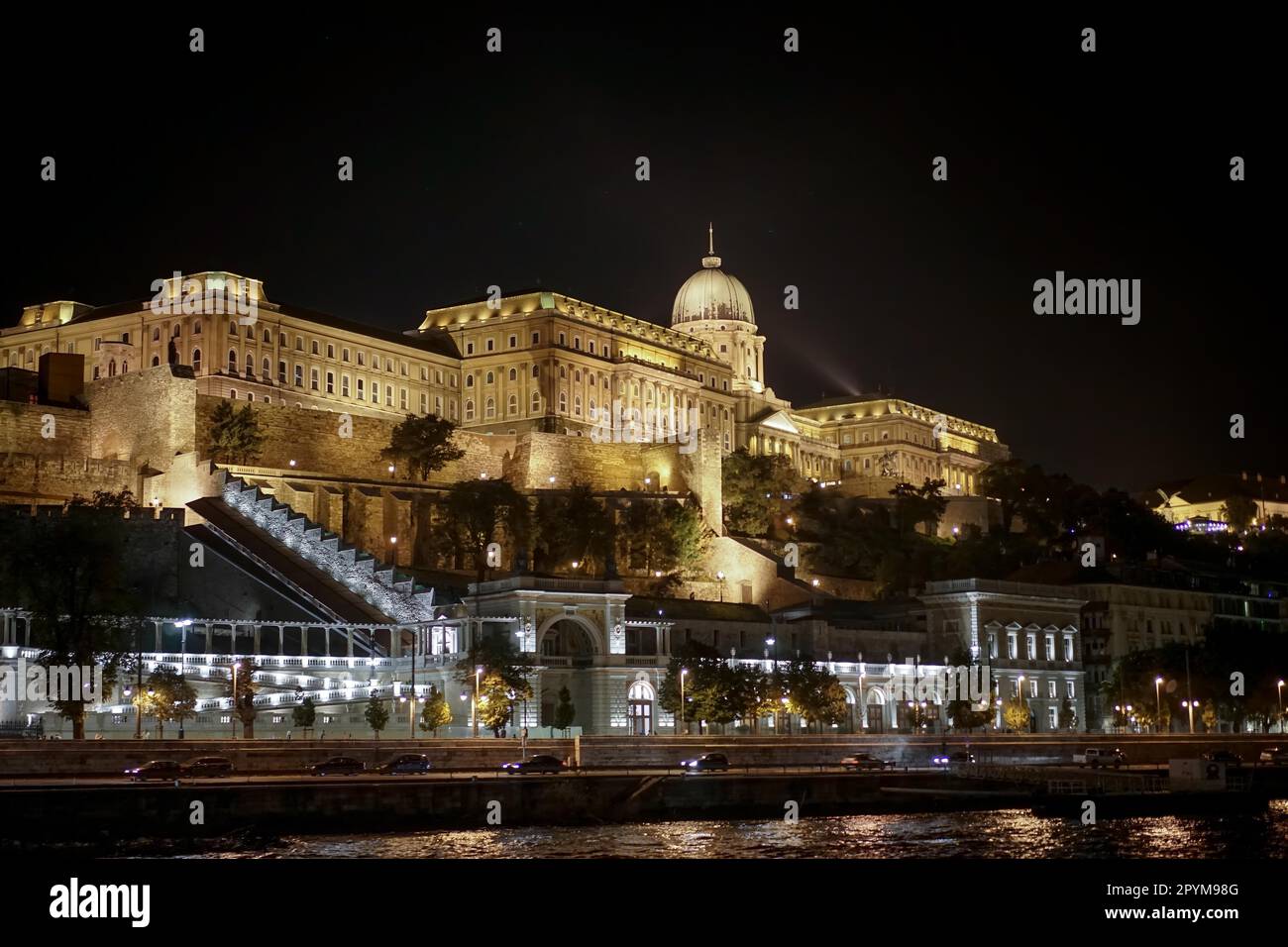 Buda Castle Illuminated at Night in Budapest Stock Photo