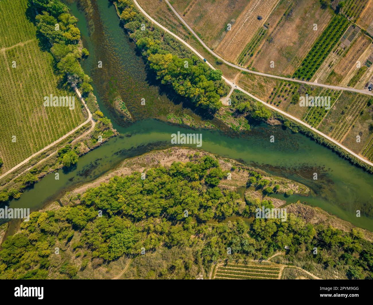 Aerial view of the confluence between the rivers Segre, Cinca and Ebro in spring (Segrià, Lleida, Catalonia, Spain) Stock Photo