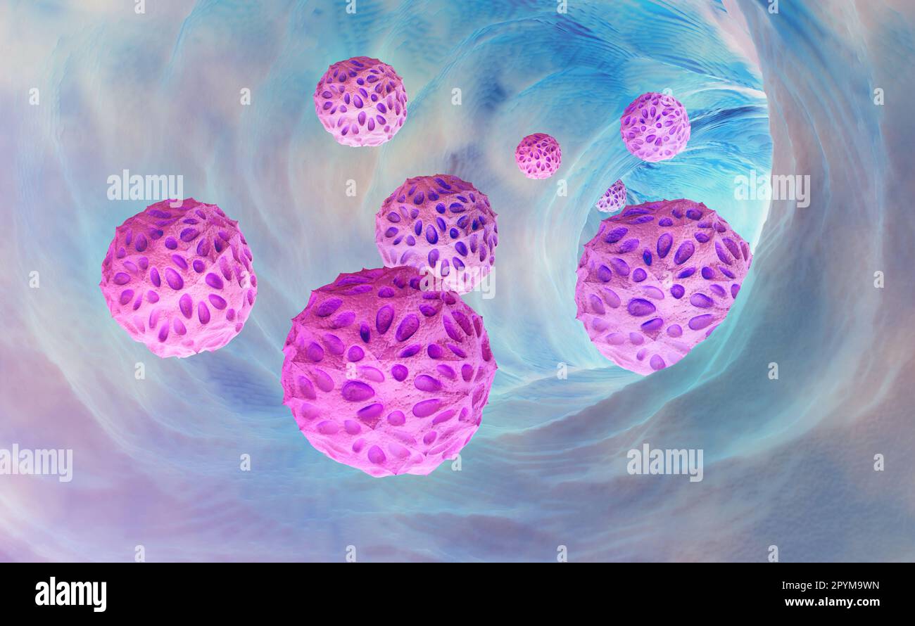 Allergens in the body. An allergic reaction to plant pollen. Inflammation, germs, bacteria, viruses, infection, allergy 3D illustration Stock Photo