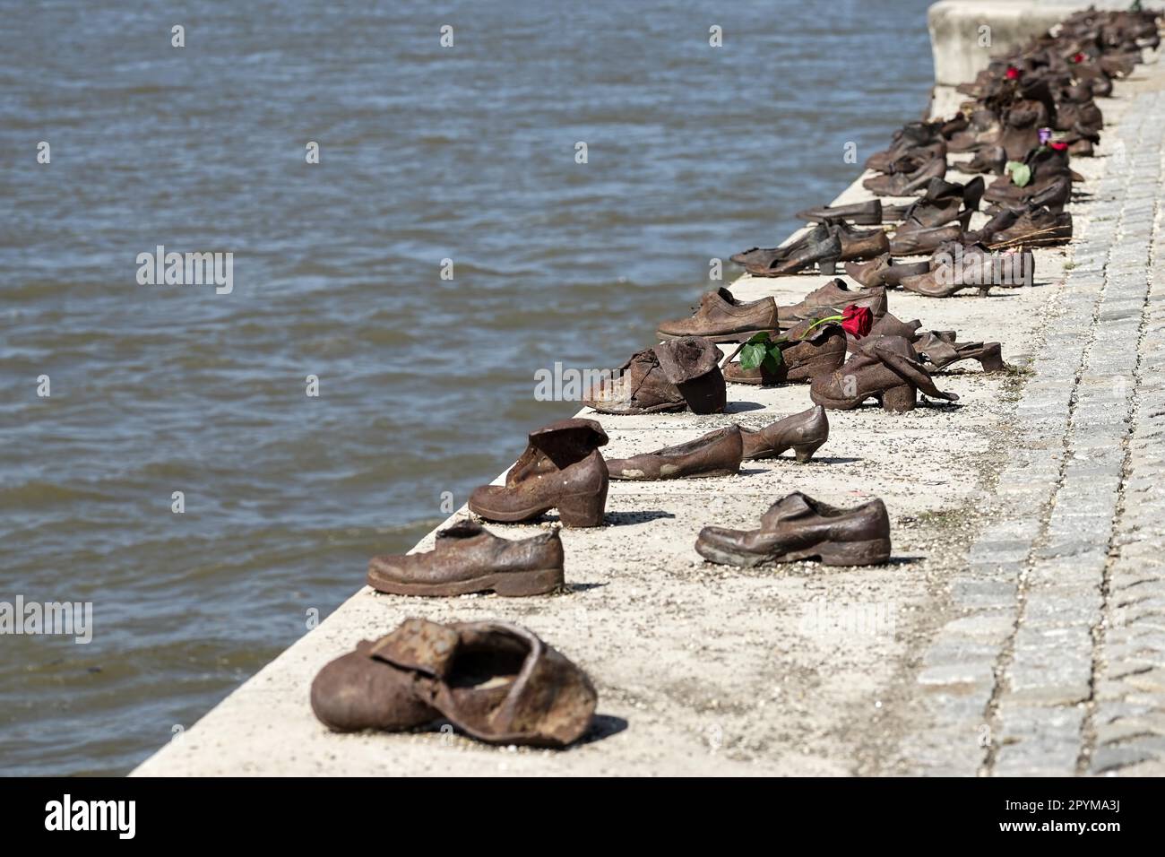 Iron shoes memorial to Jewish people executed WW2 in Budapest Stock Photo