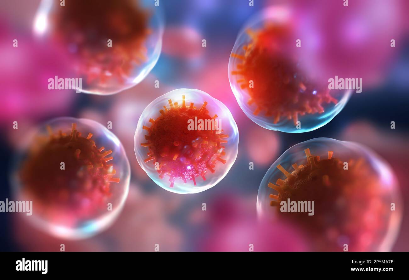 Cells of the body under a microscope. Viruses in the body. Research of stem cells. Cellular Therapy and Regeneration. 3d illustration on a medical the Stock Photo