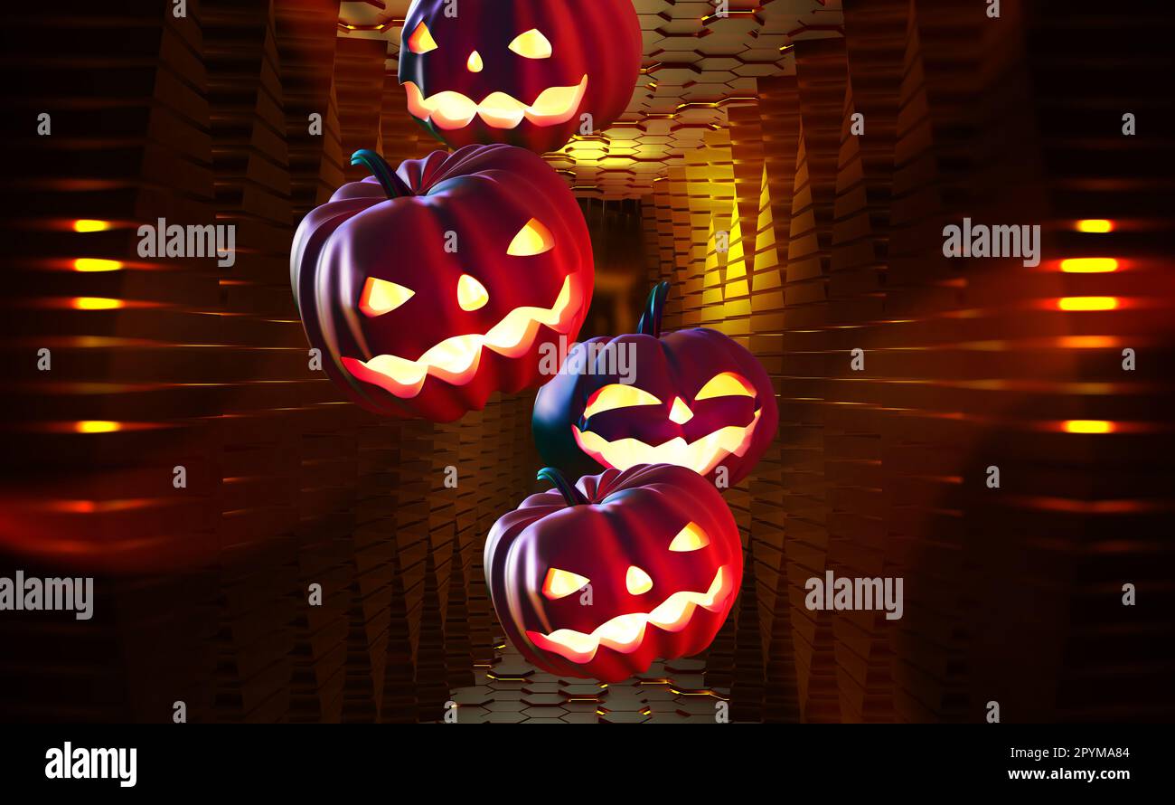 Cyber halloween. Pumpkin ghost 3D illustration. Jack Pumpkinhead, all saints night on nanotechnology background Stock Photo
