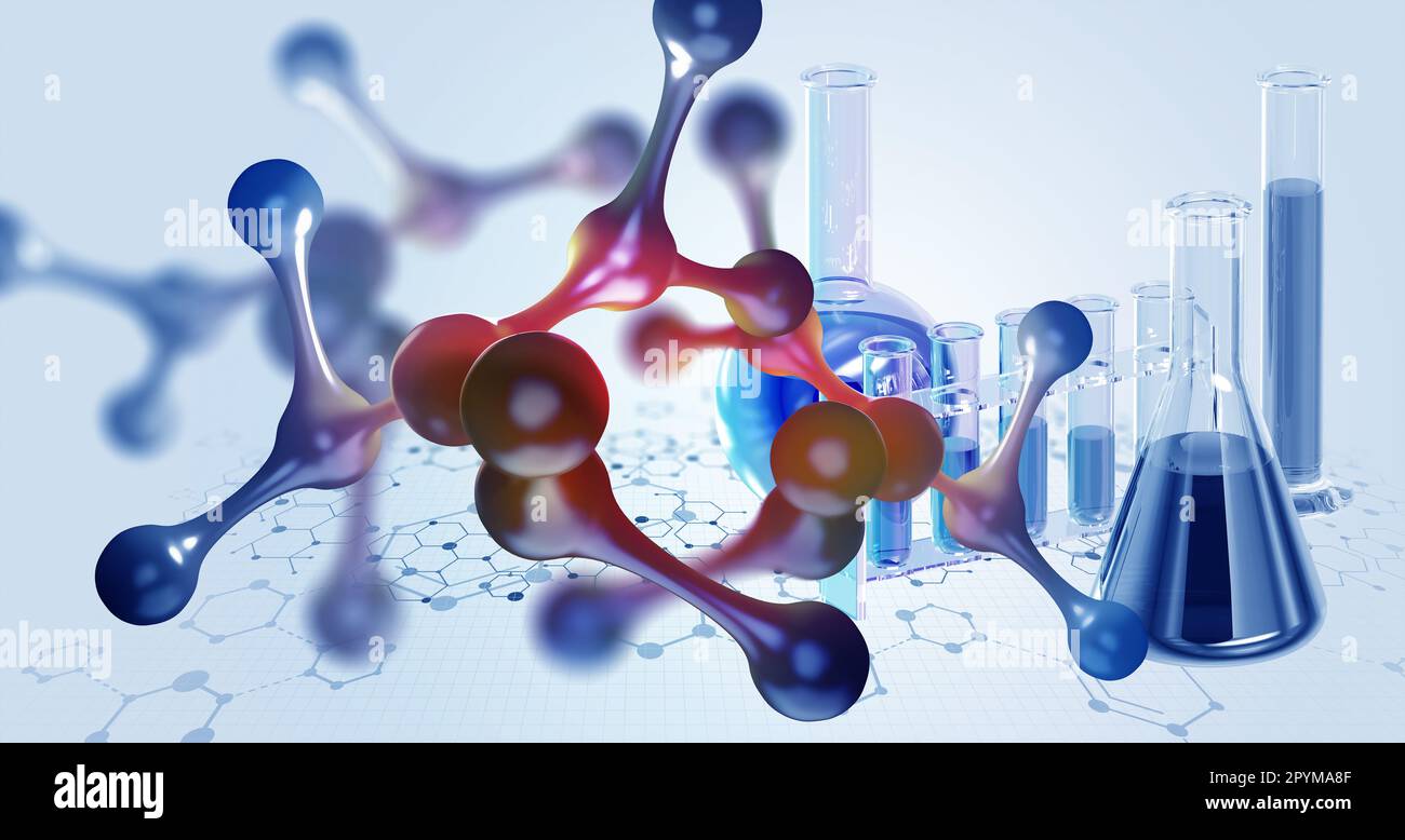 Laboratory, molecules, crystal lattice. Nanotech research in biochemistry, chemistry, biology, microbiology. 3d illustration of molecule and laborator Stock Photo