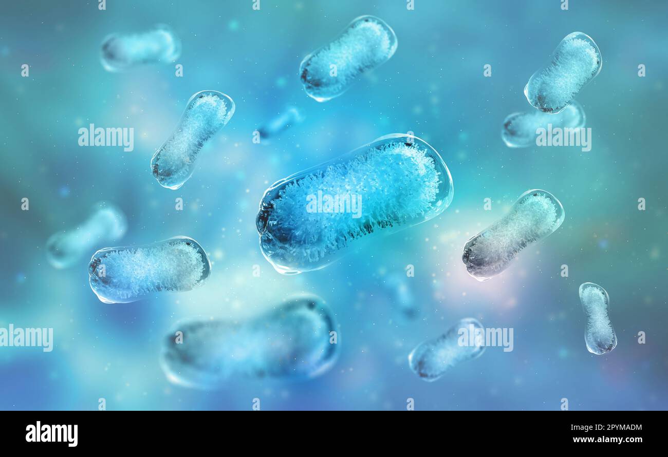 Pathogenic bacteria, viruses and microscopic germs. 3D illustration of colony of microbes. Medical research in the field of microbiology Stock Photo