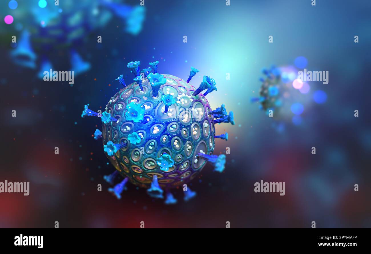 Virus under microscope. Germs, microbe, bacterium, pathogen organism 3D