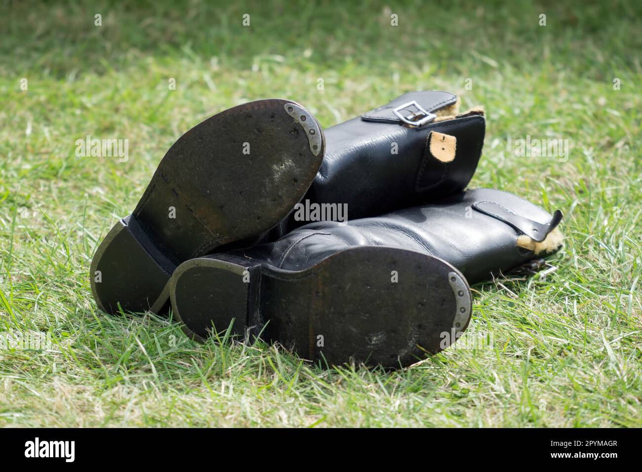 Old WW2 boots on display at Shoreham Airfield Stock Photo