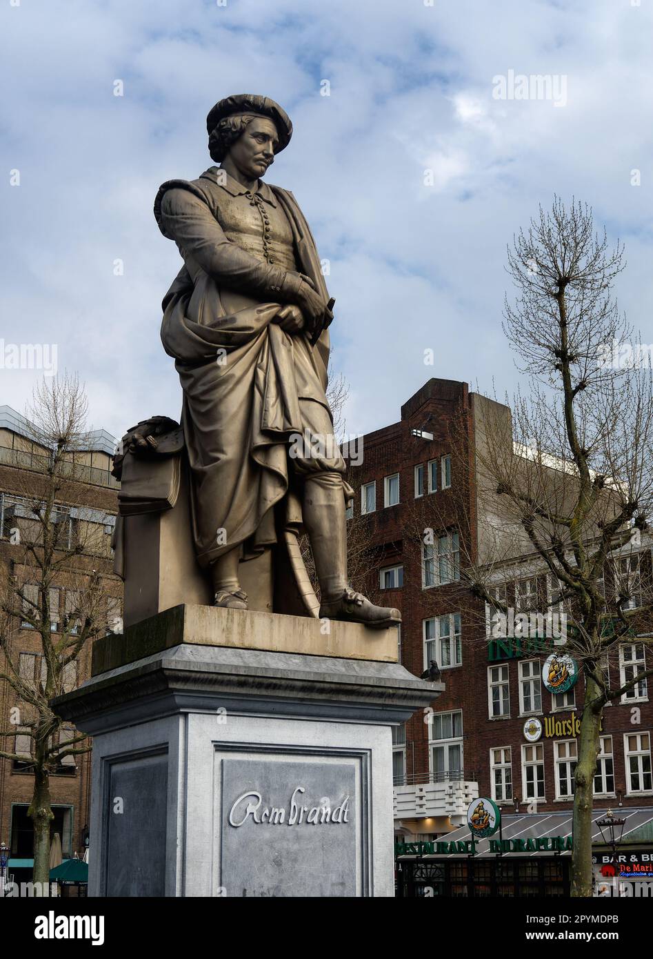 Statue of dutch artist Rembrandt in Rembrandtplein, Amsterdam, holland