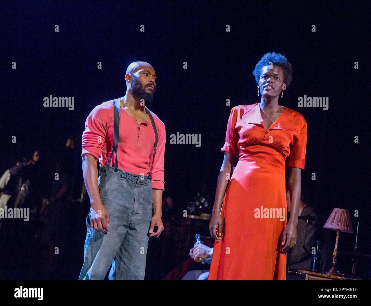 Arinze Kene (Joe Scott), Sheila Atim (Marianne Laine) in GIRL FROM THE NORTH COUNTRY by Conor McPherson at the Old Vic Theatre, London SE1  26/07/2017  music & lyrics: Bob Dylan  design: Rae Smith lighting: Mark Henderson  movement: Lucy Hind  director: Conor McPherson Stock Photo