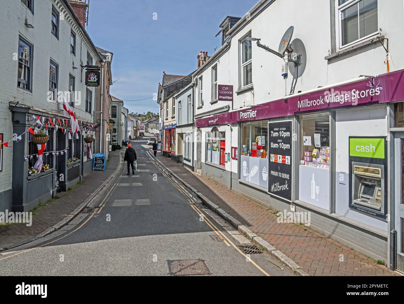 King Street leading into West Street offering retail, services and hospitality to the community at Millbrook, Cornwall Stock Photo