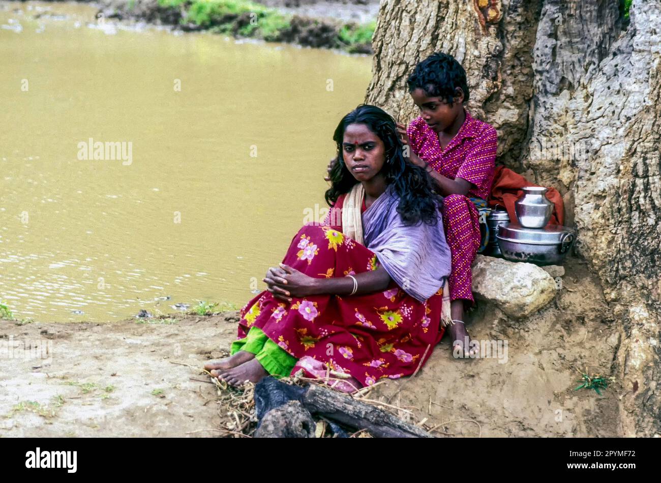A tribal girl removing lice from her mother hair near Siruvani, Tamil Nadu, South India, India, Asia Stock Photo