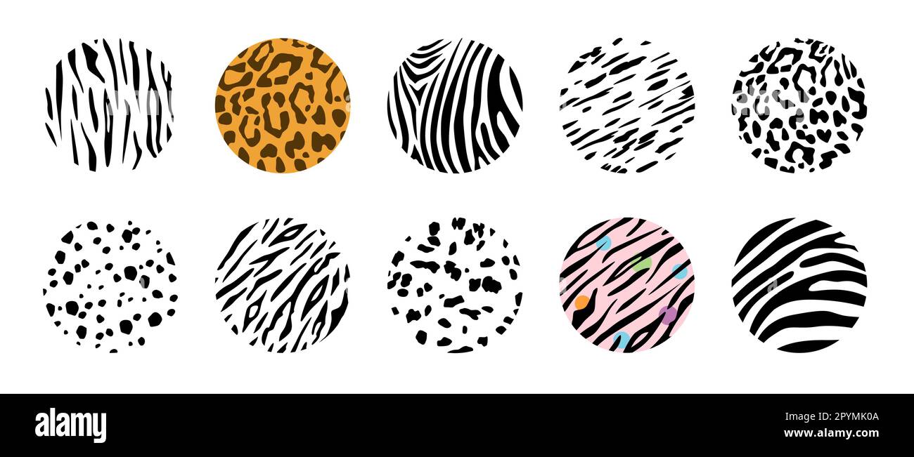 Big Set of round Abstract black Backgrounds or Patterns. Hand drawn doodle animal skin. Skin, Spots, curves.  modern trendy Vector illustration. Stock Vector