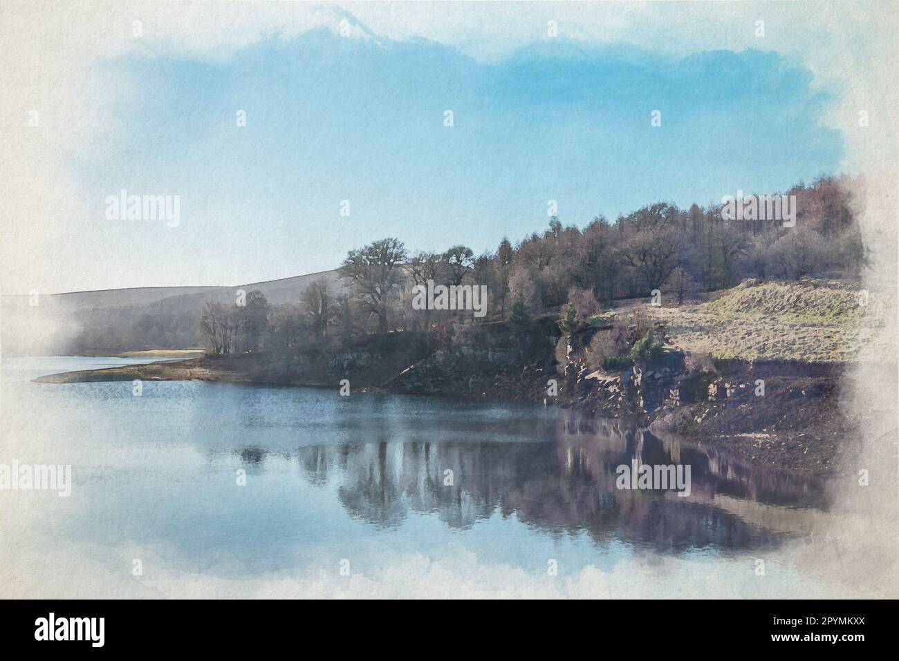 Erwood reservoir at Goyt valley. A digital watercolour painting in the Derbyshire, Peak District National Park, UK. Stock Photo