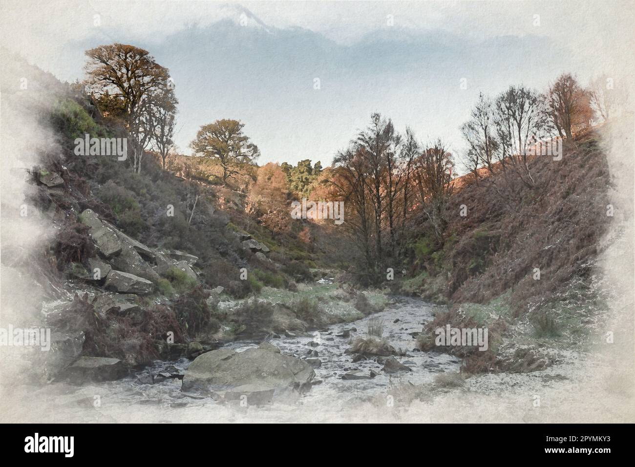 A digital watercolour painting of a packhorse bridge at Goyt valley within the Derbyshire, Peak District National Park, UK. Stock Photo