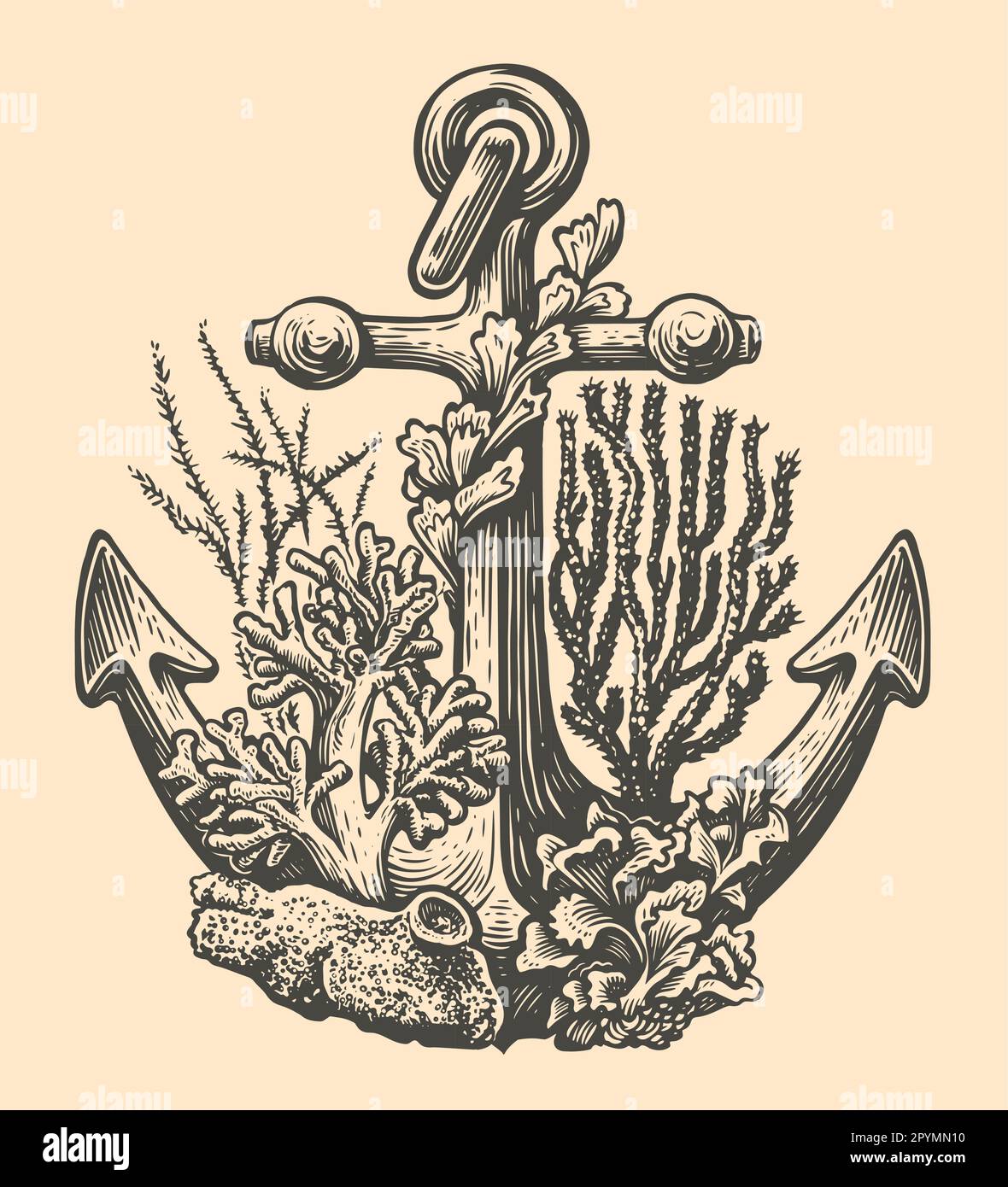 Vintage sea anchor in old engraving style. Marine concept. Sketch vector illustration Stock Vector
