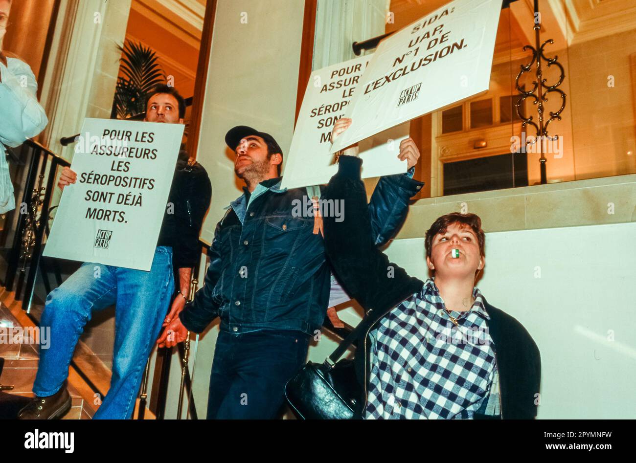 Paris, France, Aids Activists from Act Up Paris Protest , Office Building , Against Insurance Industry's Discrimination against PVVIH, 1995 Stock Photo