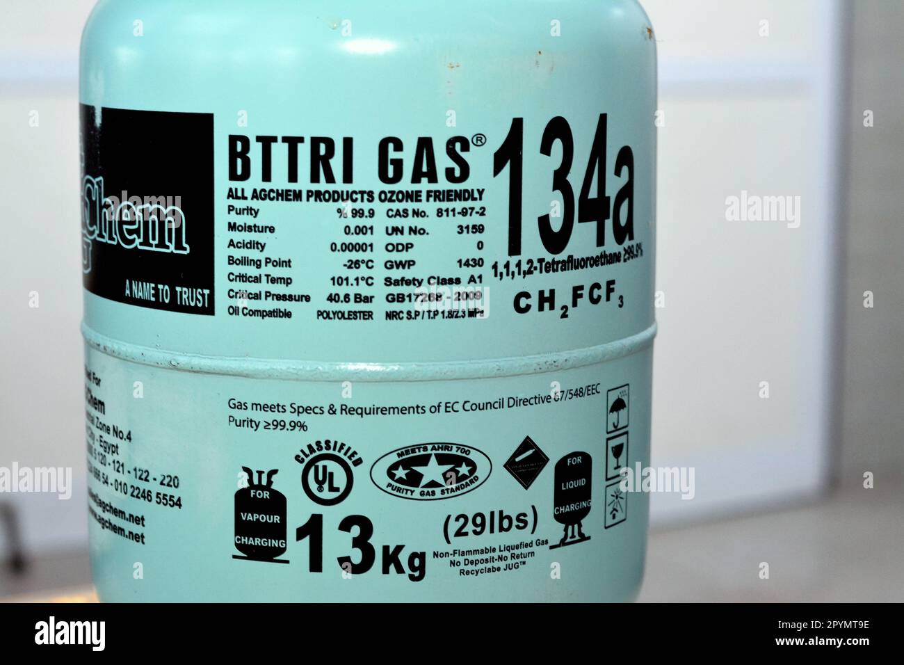 Cairo, Egypt, May 2 2023 BTTRI GAS R 134a Freon , a colorless gas at