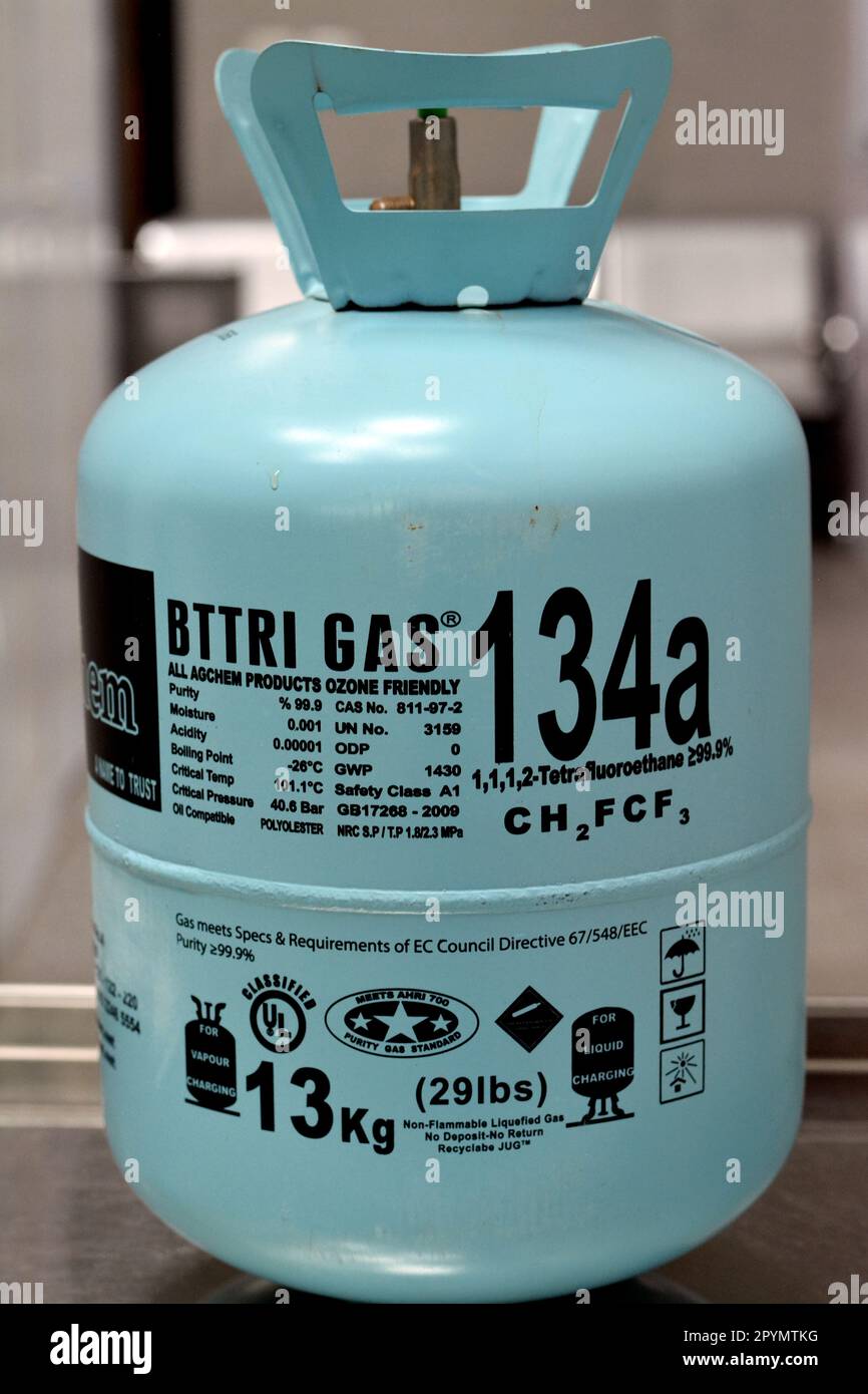 Cairo, Egypt, May 2 2023 BTTRI GAS R 134a Freon , a colorless gas at room temperature
