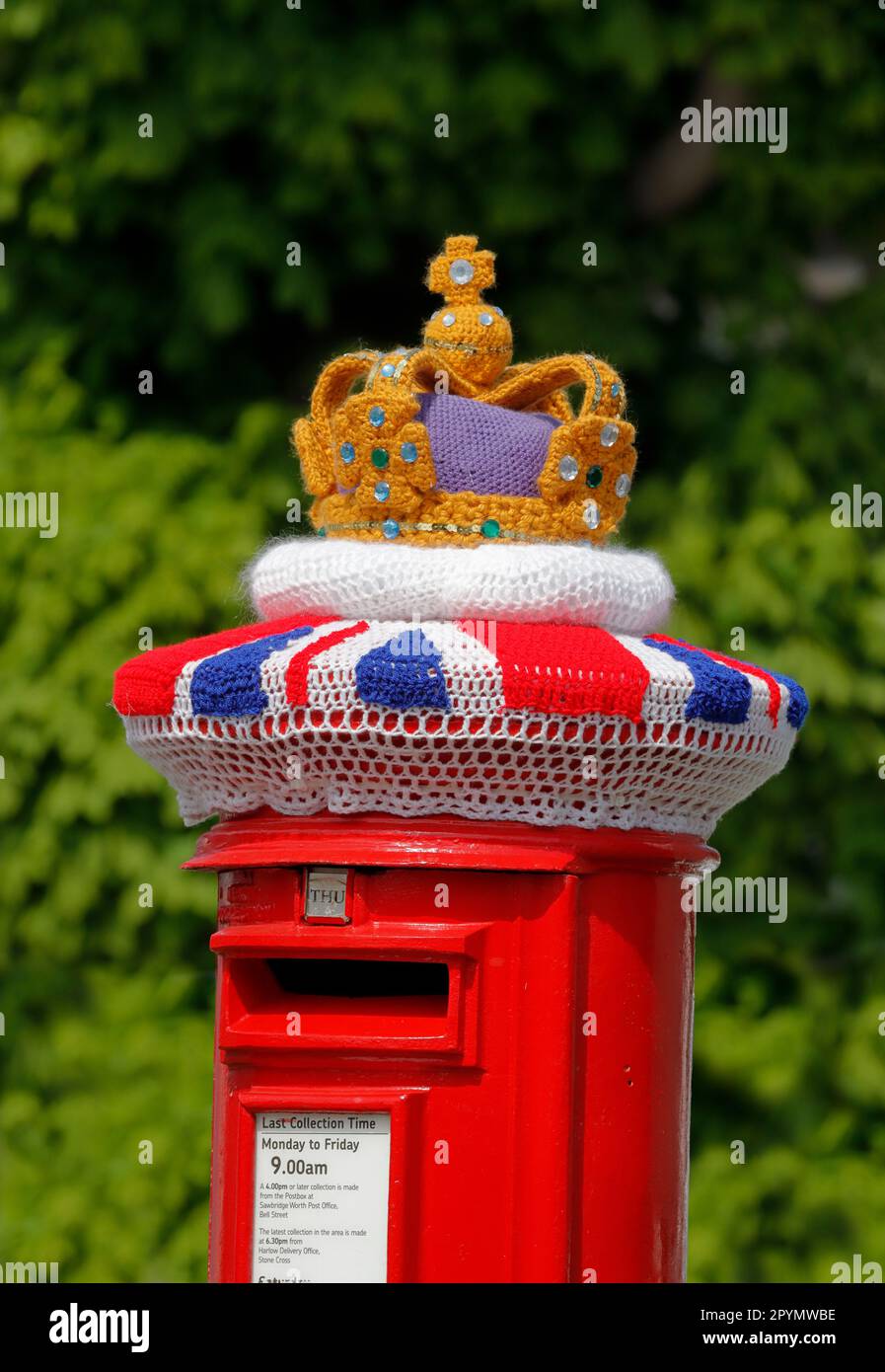 Knitted wool coronation decoration on a post box in Sawbridgeworth ...