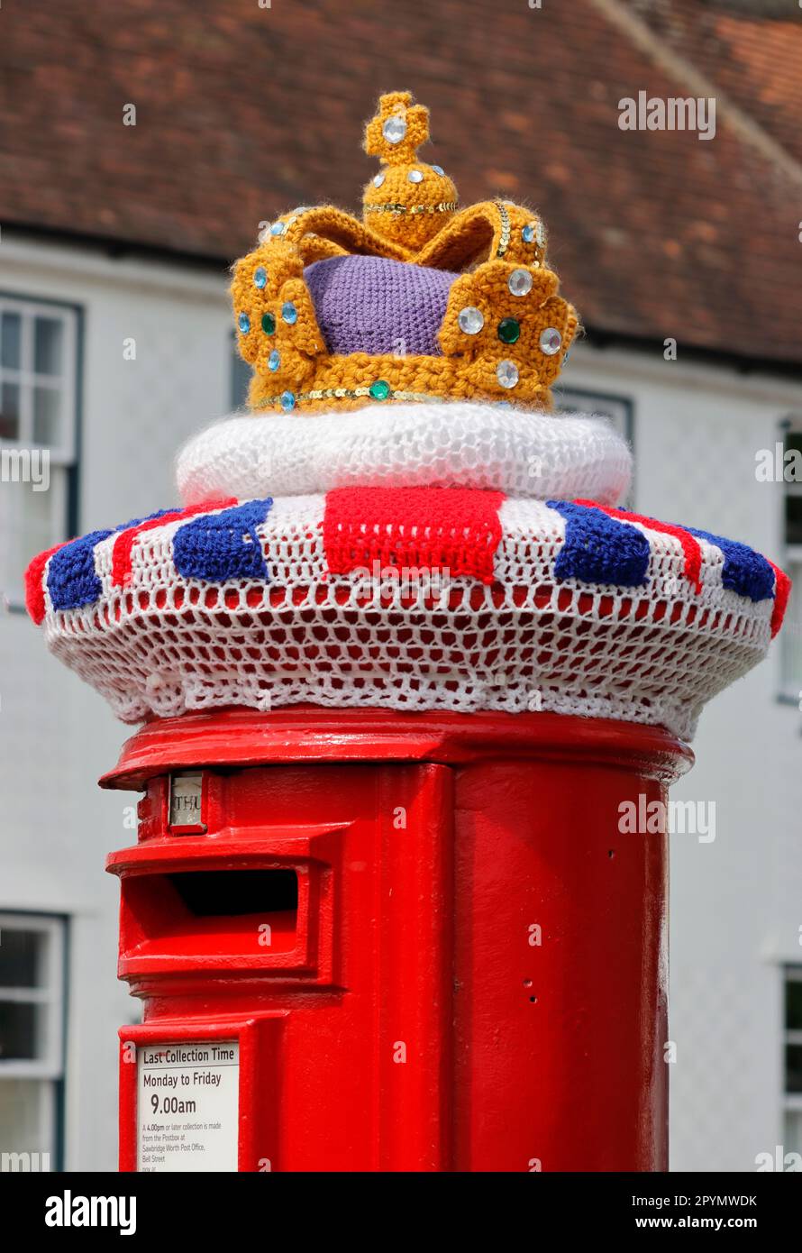 Knitted wool coronation decoration on a post box in Sawbridgeworth ...