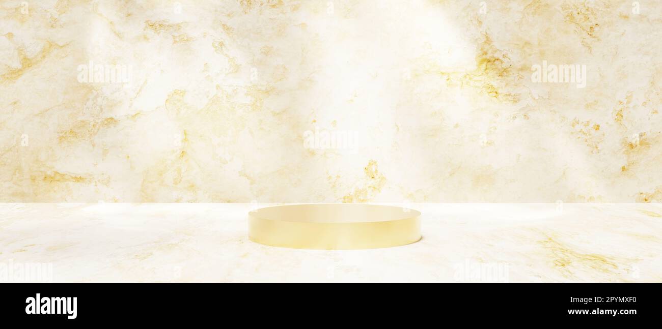 3D rendering. Abstract minimal scene - Gold cylinder display stand on abstract background with honey-colored and white bumpy walls. Pedestal for cosme Stock Photo