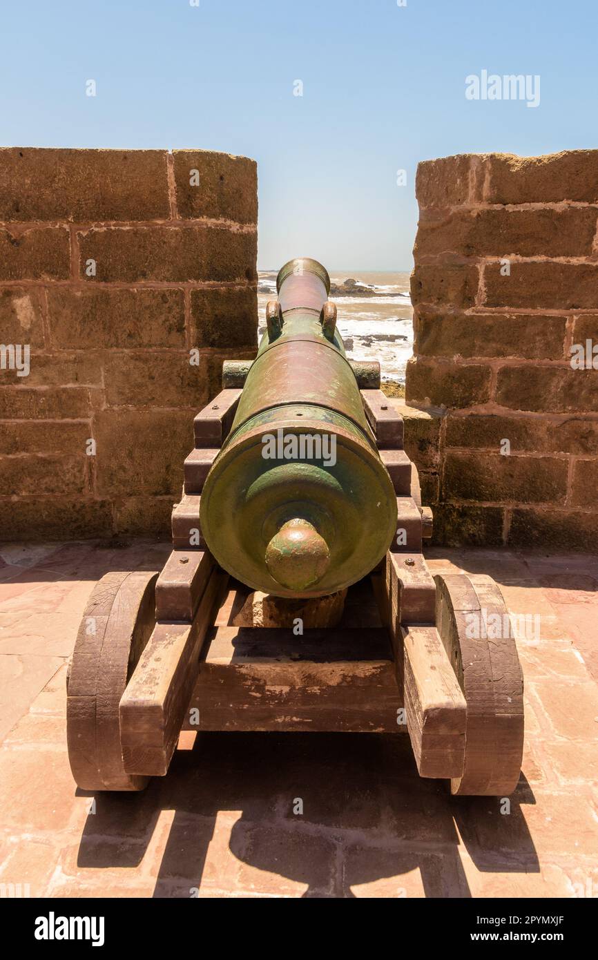 Old Cannon on defensive walls, Medieval cannon in Essaouira in Morocco Stock Photo