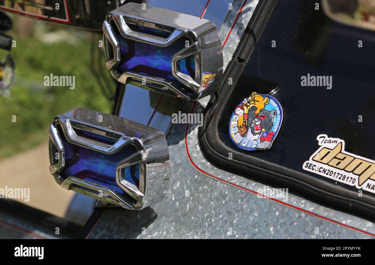 A Philippines tricycle showing support to Taiwan independence with the viral punching Winnie the Pooh badge patch reading 'Fight for Freedom,Scramble' Stock Photo