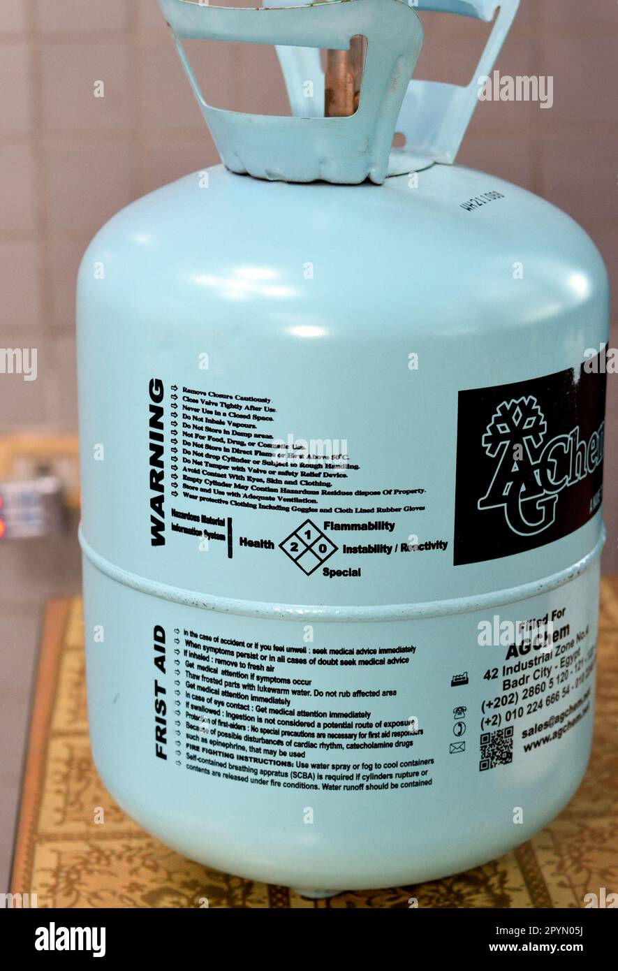 Cairo, Egypt, May 2 2023 BTTRI GAS R 134a Freon , a colorless gas at