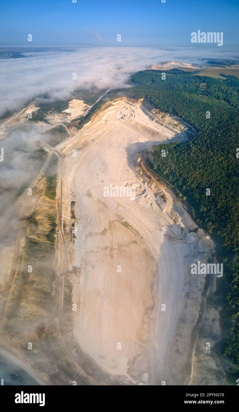 Aerial view of open pit mining of limestone materials for construction