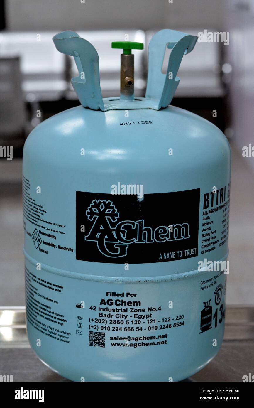 Cairo, Egypt, May 2 2023 BTTRI GAS R 134a Freon , a colorless gas at