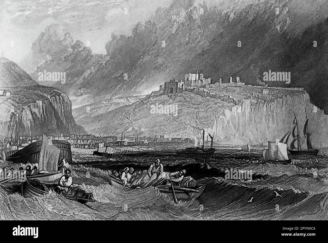 An engraving by J.M.W. Turner: Dover, small boats on a rough sea with the White Cliffs of Dover in the background and the symbolic Dover Castle. c1856. Stock Photo