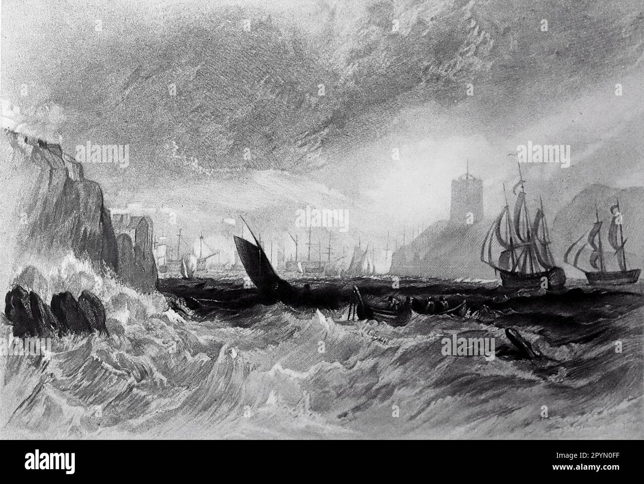 An engraving by J.M.W. Turner: Catwater. Now known as Cattewater. Engraving of ships on a violent sea with cliffs in the background. c1856. Stock Photo