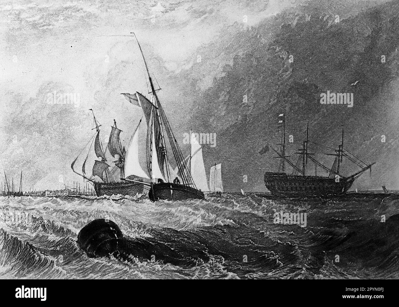 An engraving by J.M.W. Turner: Sheerness: Engraving of ships on a rough sea off the coast of Sheerness, Isle of Sheppey, North Kent. c1856. Stock Photo