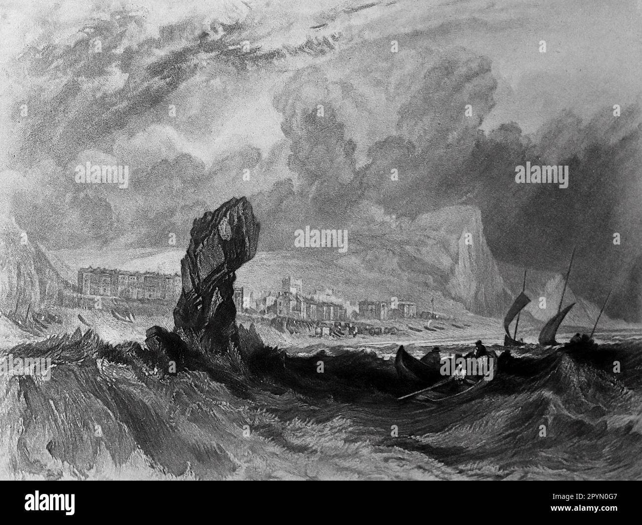 An engraving by J.M.W. Turner: Sidmouth: Engraving of boats on rough sea with the harbour and beach in the background. c1856. Stock Photo