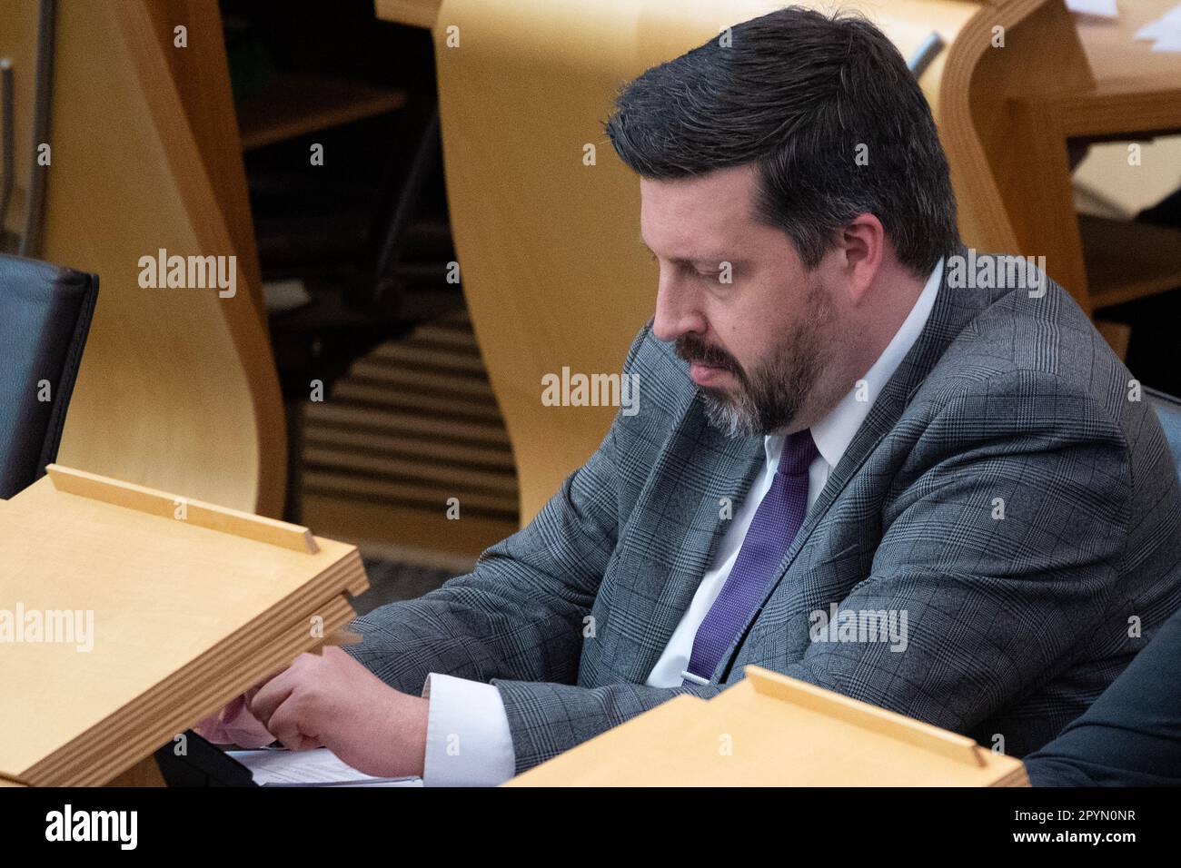 Edinburgh, Scotland, UK. 4th May, 2023. PICTURED: Jamie Hepburn MSP, Scottish Minister for Independence. Scenes inside Holyrood showing the corridor and chamber views of the MSPs at the weekly session of First Ministers Questions (FMQs). Credit: Colin D Fisher/CDFIMAGES.COM Credit: Colin Fisher/Alamy Live News Stock Photo