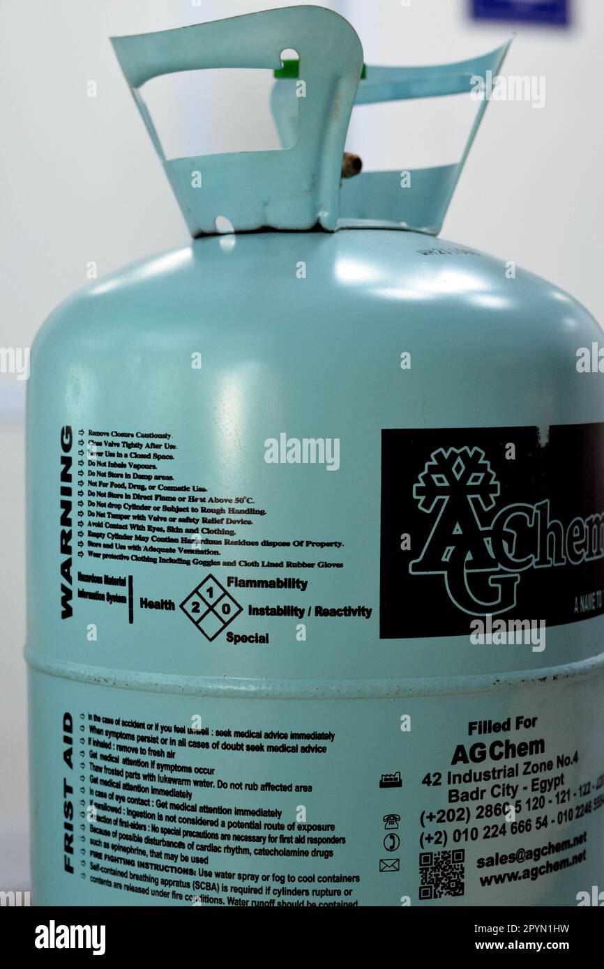 Cairo, Egypt, May 2 2023 BTTRI GAS R 134a Freon , a colorless gas at