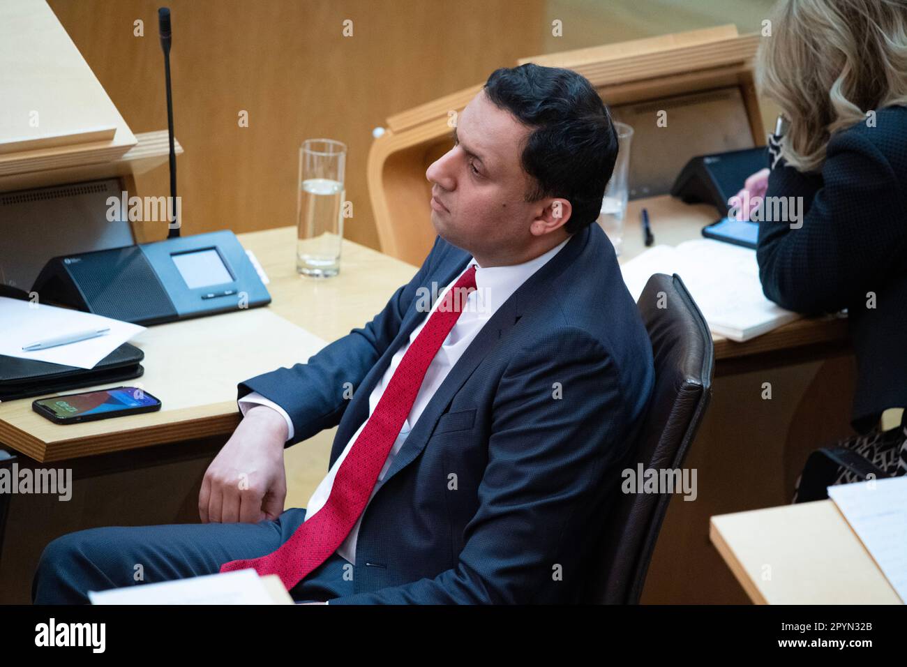 Edinburgh, Scotland, UK. 4th May, 2023. PICTURED: Anas Sarwar MSP, Scottish Labour Party Leader. Scenes inside Holyrood showing the corridor and chamber views of the MSPs at the weekly session of First Ministers Questions (FMQs). Credit: Colin D Fisher/CDFIMAGES.COM Credit: Colin Fisher/Alamy Live News Stock Photo