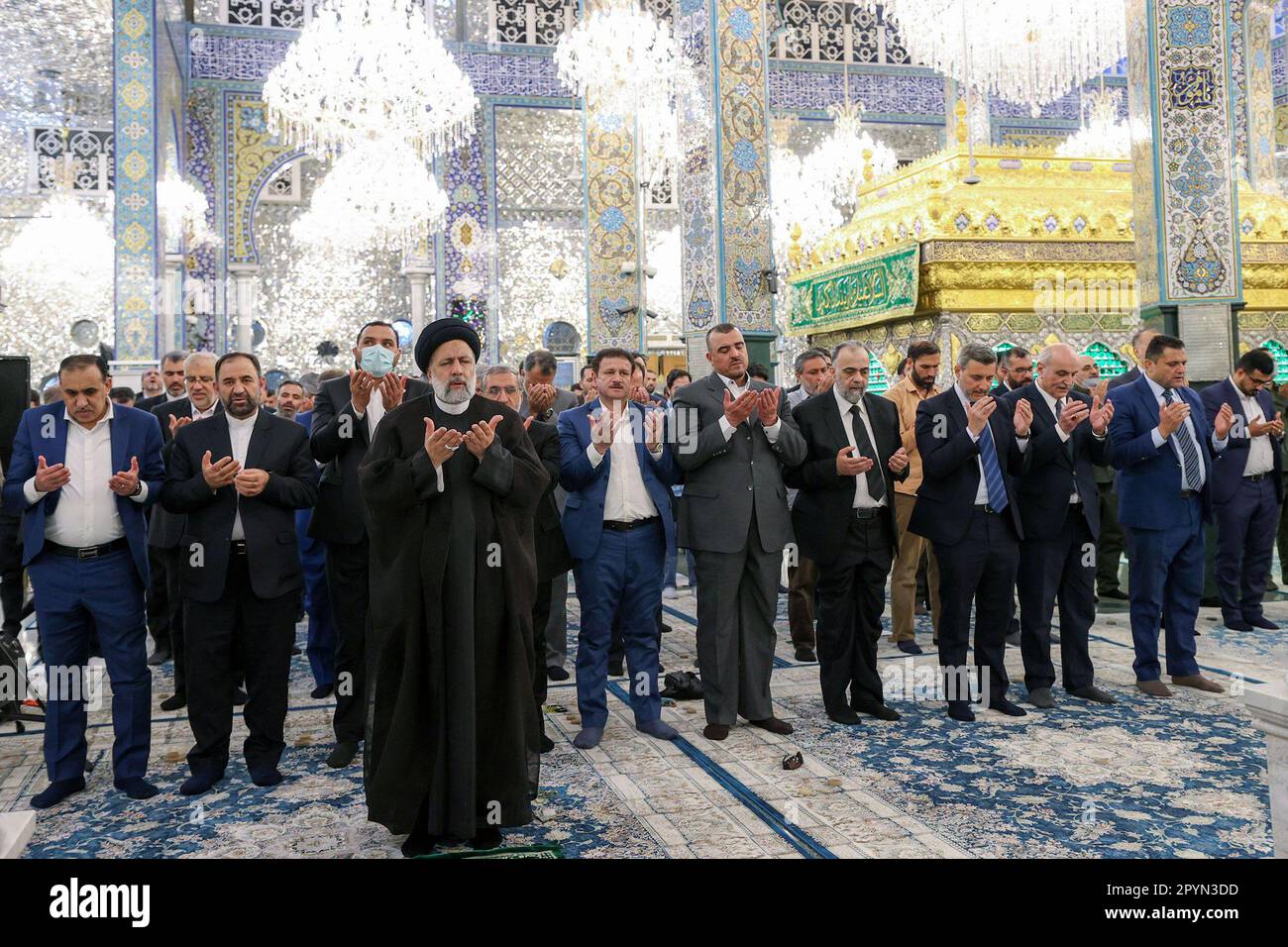 Sayyidah Zaynab, Damascus, Syria. 3rd May, 2023. Iranian President EBRAHIM RAISI attends Sayyidah Zaynab Mosque in Damascus on May 3, 2023. The visiting Iranian president hailed al-Assad for overcoming sanctions and achieving ''victory'' in the country's 12-year-long civil war, in which Tehran has been a significant ally. (Credit Image: © Iranian Presidency via ZUMA Press Wire) EDITORIAL USAGE ONLY! Not for Commercial USAGE! Stock Photo